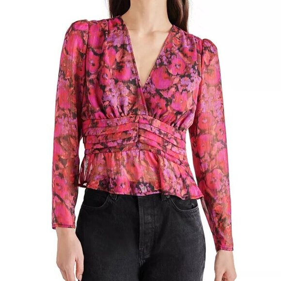 Steve Madden BNWT Azura Floral V-Neck Peplum top with side zipper sz M - Picture 2 of 8